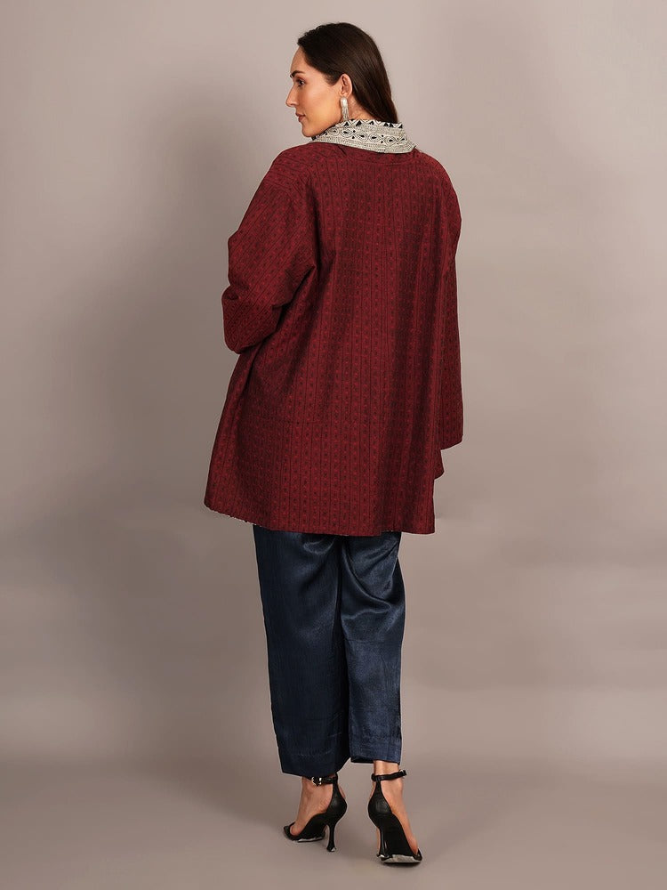 Off White Kantha & Red Cotton Ikkat Overlay