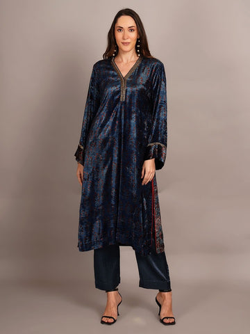 Blue Ajrakh Velvet Embroidered Kurta