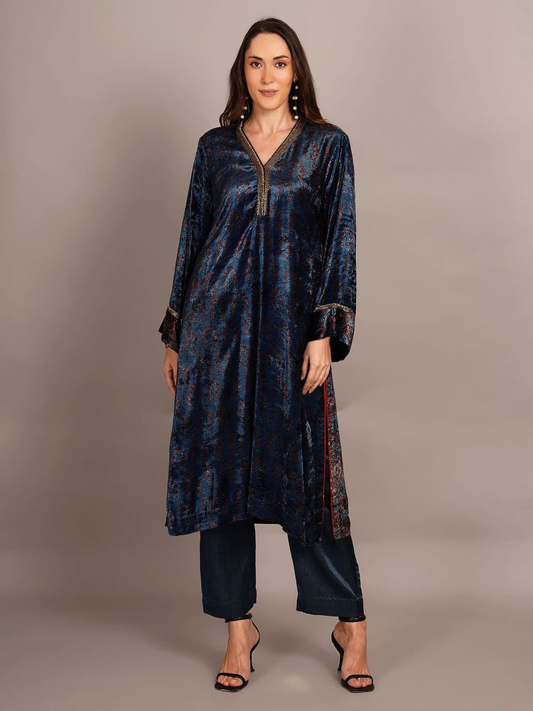 Blue Ajrakh Velvet Embroidered Kurta
