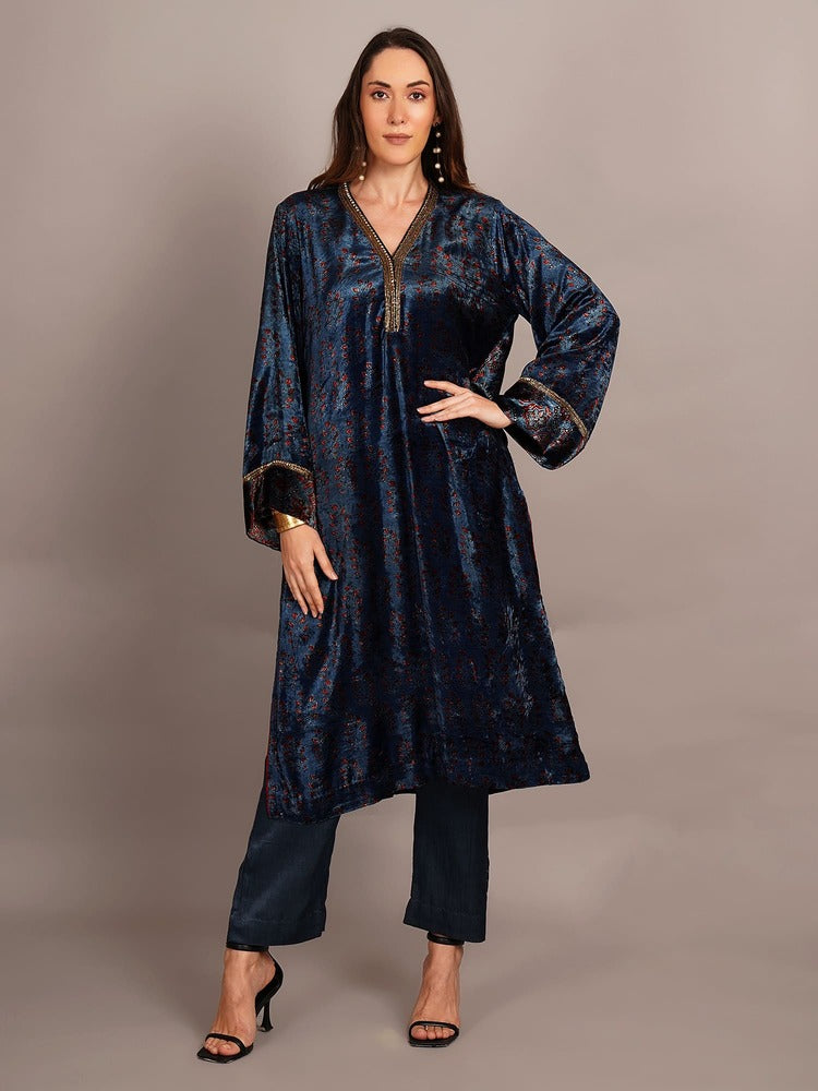Blue Ajrakh Velvet Embroidered Kurta
