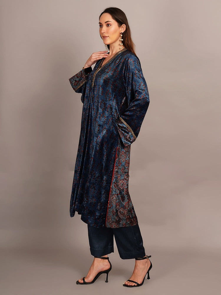 Blue Ajrakh Velvet Embroidered Kurta