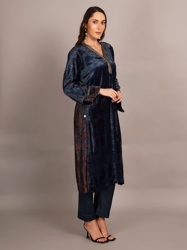 Blue Ajrakh Velvet Embroidered Kurta