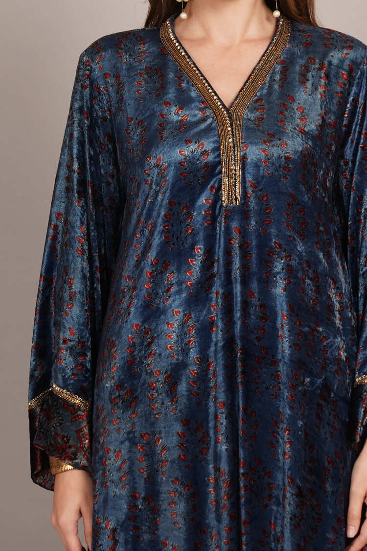 Blue Ajrakh Velvet Embroidered Kurta