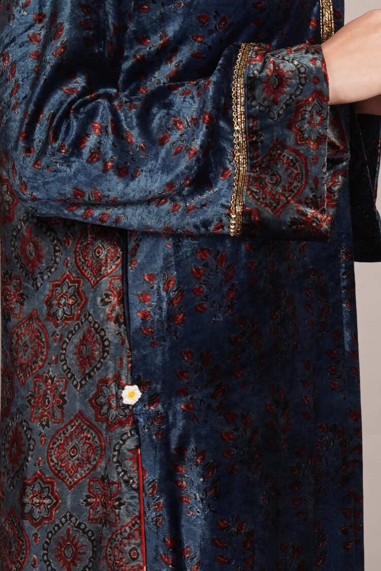 Blue Ajrakh Velvet Embroidered Kurta