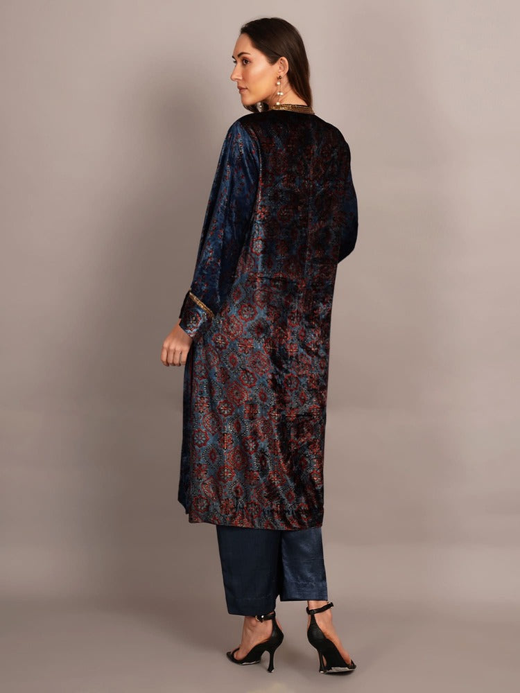 Blue Ajrakh Velvet Embroidered Kurta