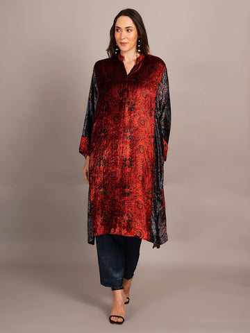 Maroon Blue Panelled Ajrakh Velvet Kaftan