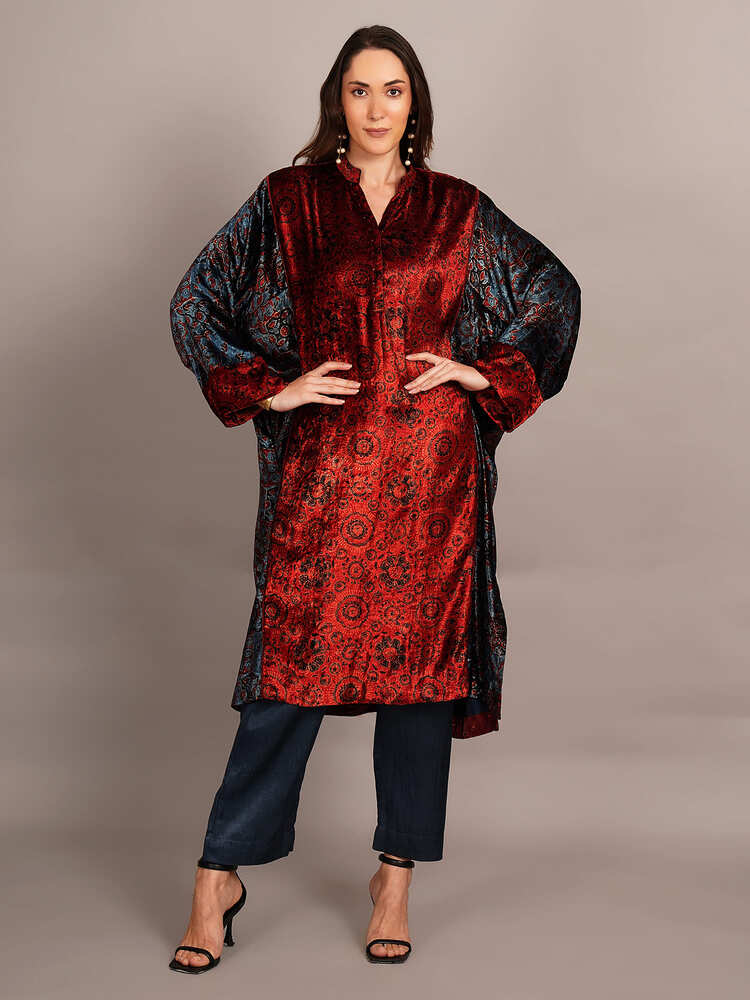 Maroon Blue Panelled Ajrakh Velvet Kaftan