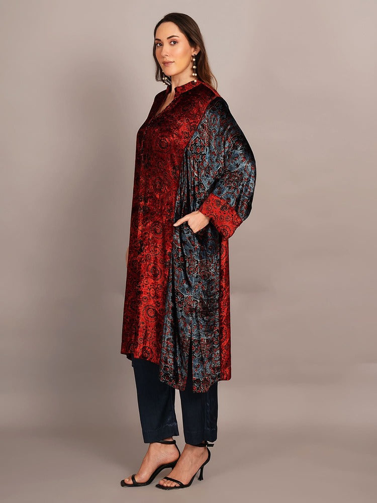 Maroon Blue Panelled Ajrakh Velvet Kaftan