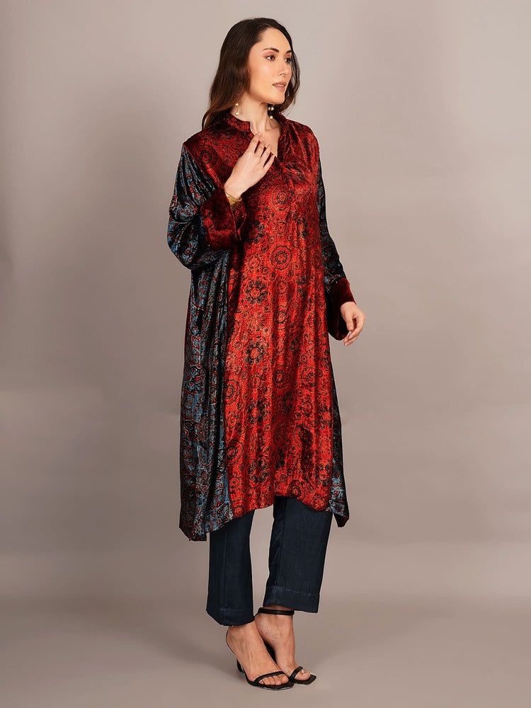Maroon Blue Panelled Ajrakh Velvet Kaftan