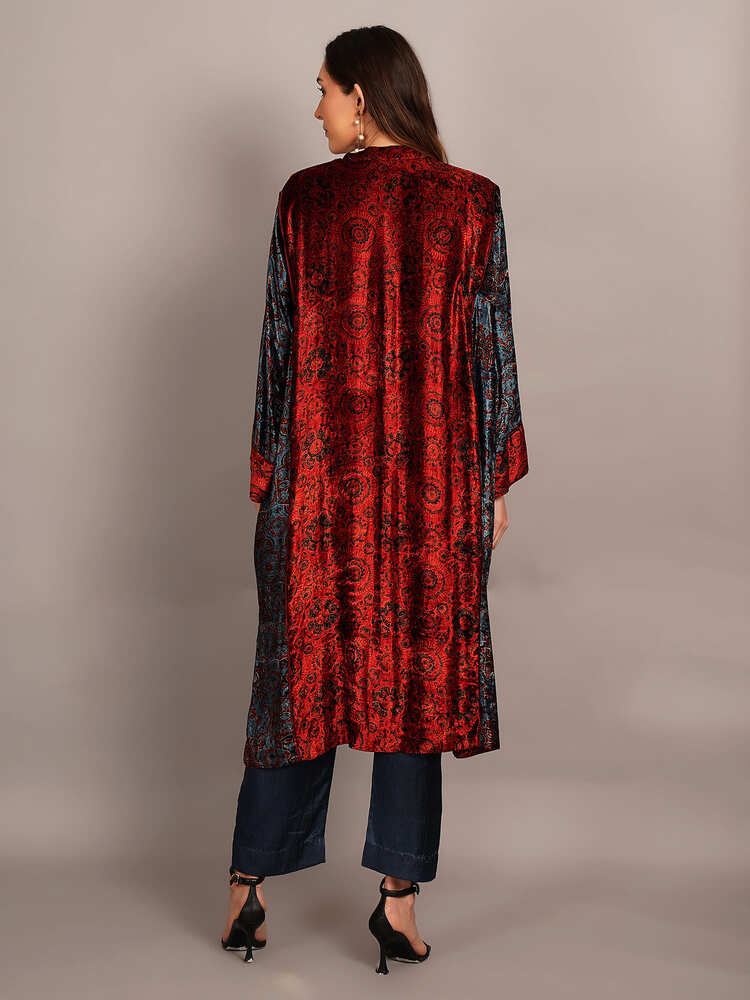 Maroon Blue Panelled Ajrakh Velvet Kaftan
