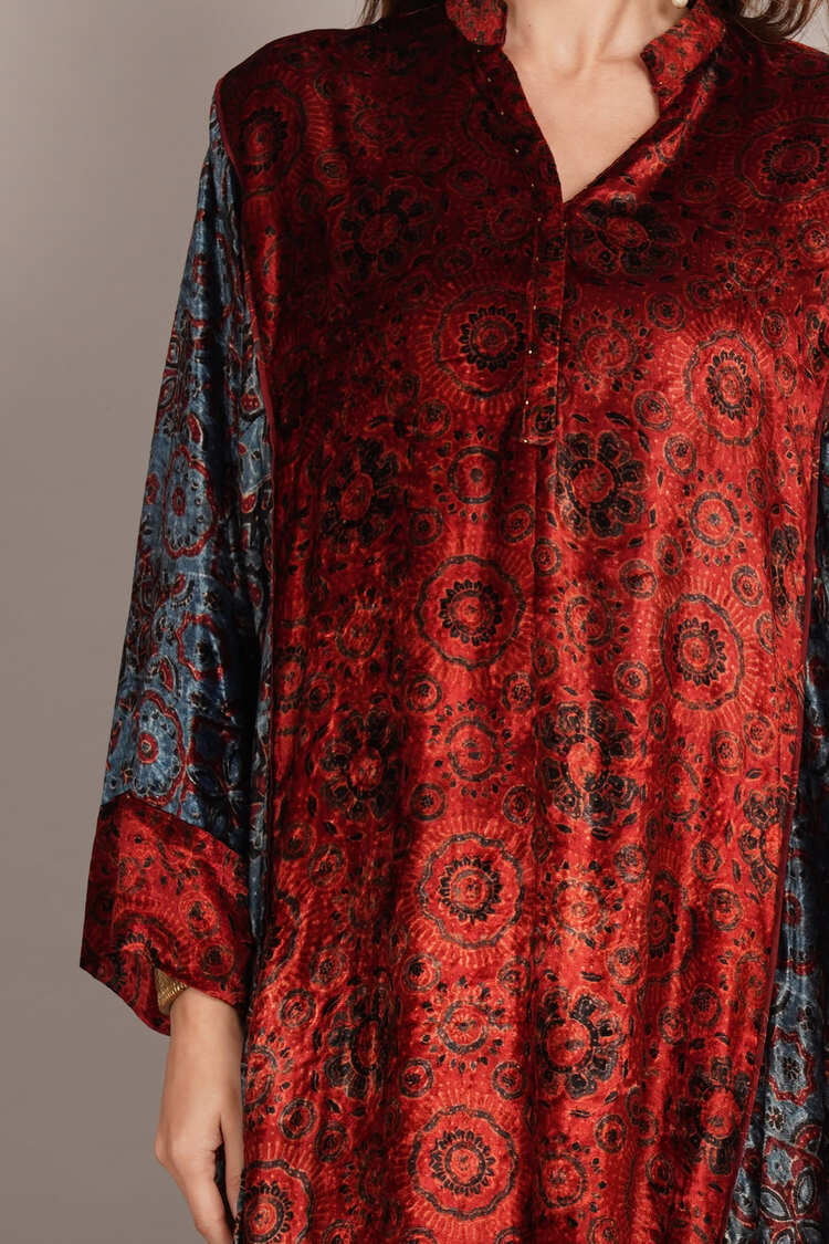 Maroon Blue Panelled Ajrakh Velvet Kaftan