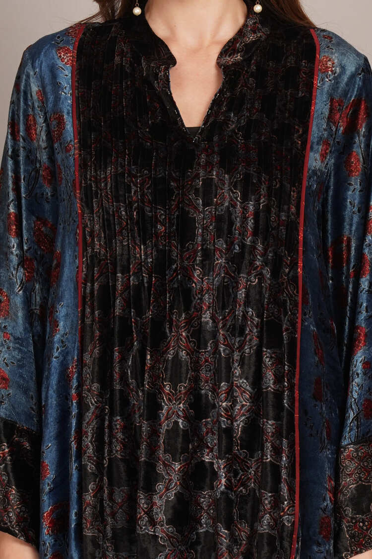 Navy Blue Ajrakh Velvet Tunic