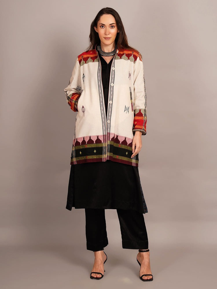 Off White Kotpad & Black Ikkat Cotton Jacket
