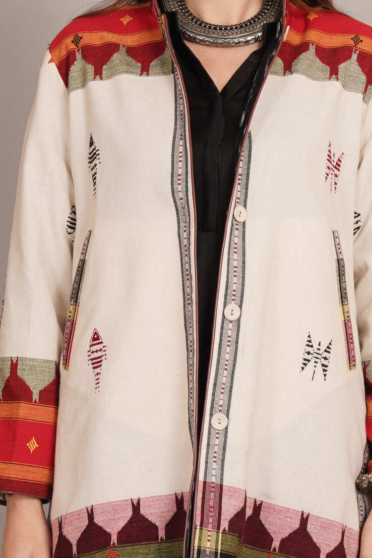 Off White Kotpad & Black Ikkat Cotton Jacket