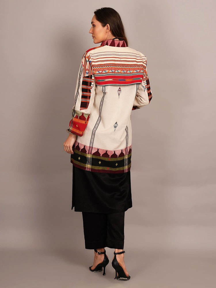 Off White Kotpad & Black Ikkat Cotton Jacket
