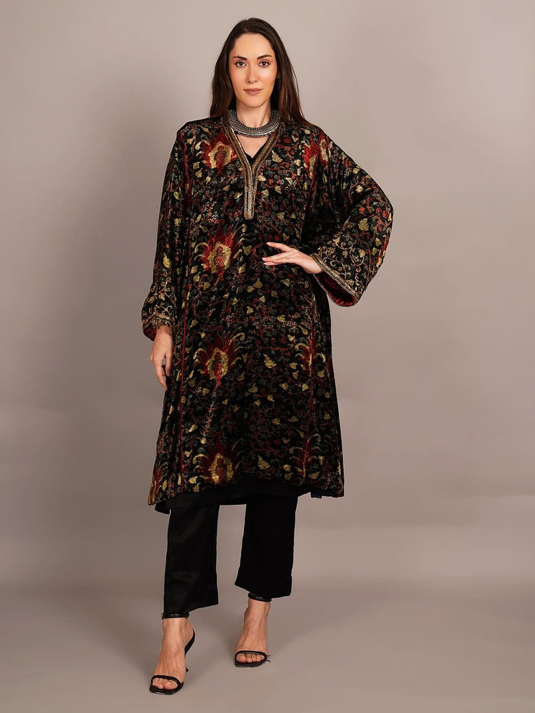 Green Bagru Velvet Embroidered Kurta