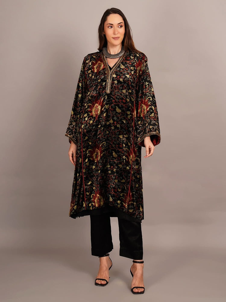 Green Bagru Velvet Embroidered Kurta
