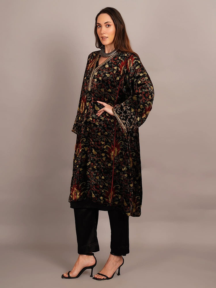 Green Bagru Velvet Embroidered Kurta