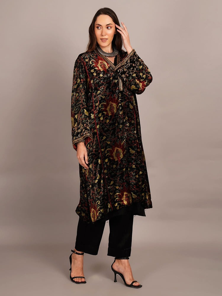 Green Bagru Velvet Embroidered Kurta