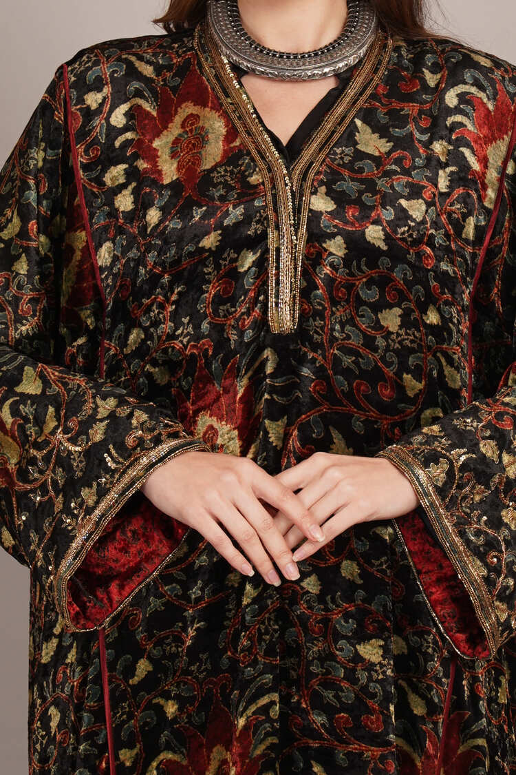 Green Bagru Velvet Embroidered Kurta