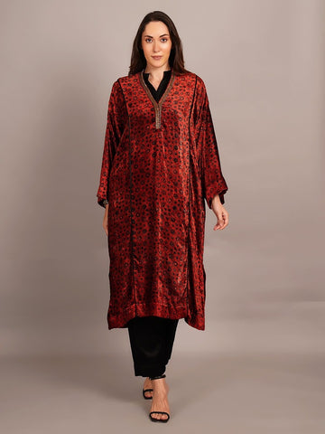 Red Ajrakh Velvet Embroidered Kurta