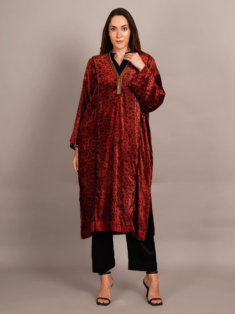 Red Ajrakh Velvet Embroidered Kurta