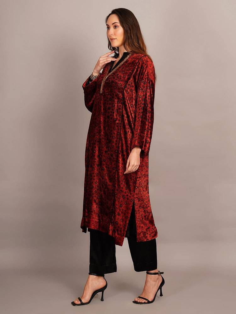 Red Ajrakh Velvet Embroidered Kurta