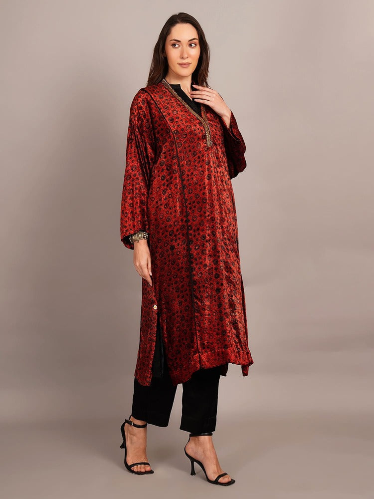 Red Ajrakh Velvet Embroidered Kurta
