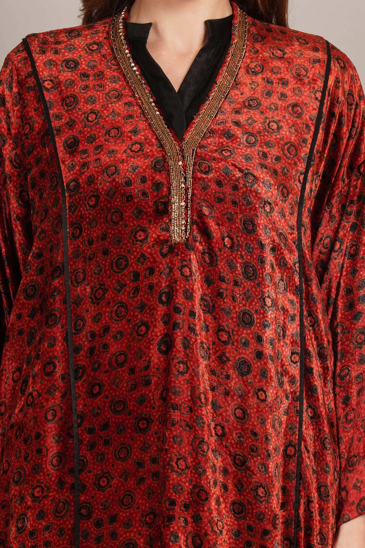Red Ajrakh Velvet Embroidered Kurta