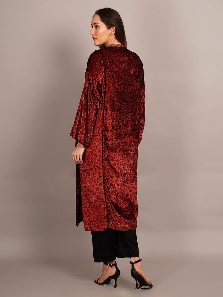 Red Ajrakh Velvet Embroidered Kurta