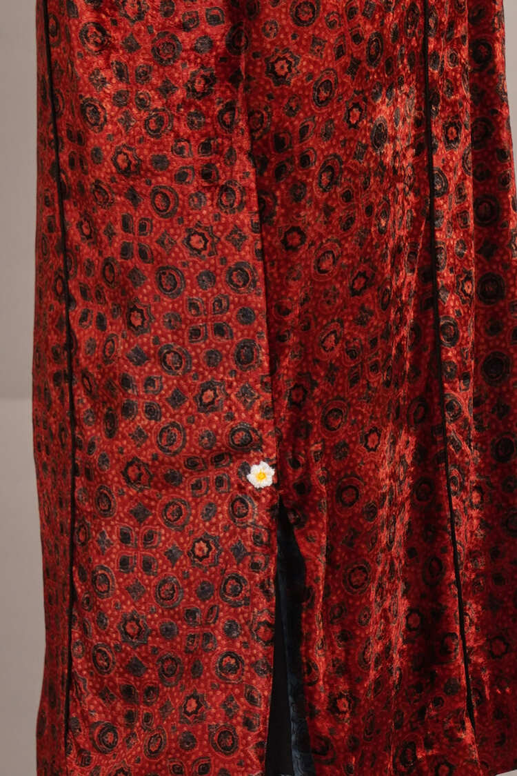 Red Ajrakh Velvet Embroidered Kurta