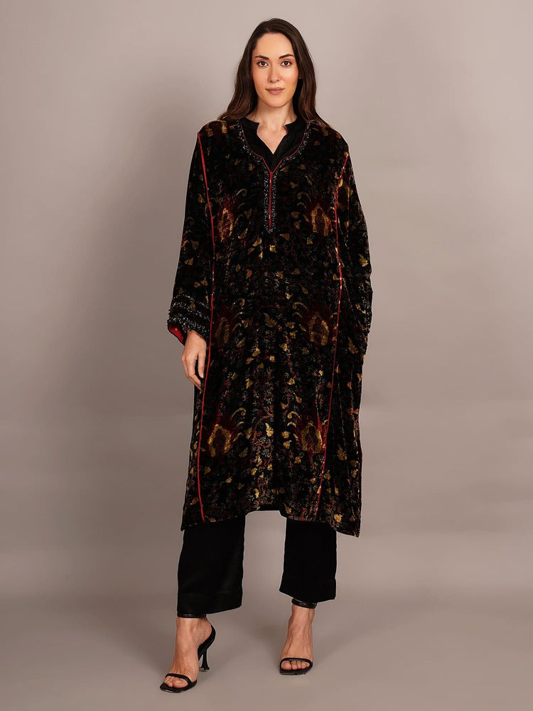 Black Bagru Velvet Embroidered Kurta