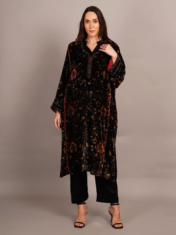 Black Bagru Velvet Embroidered Kurta