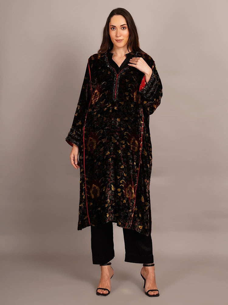 Black Bagru Velvet Embroidered Kurta