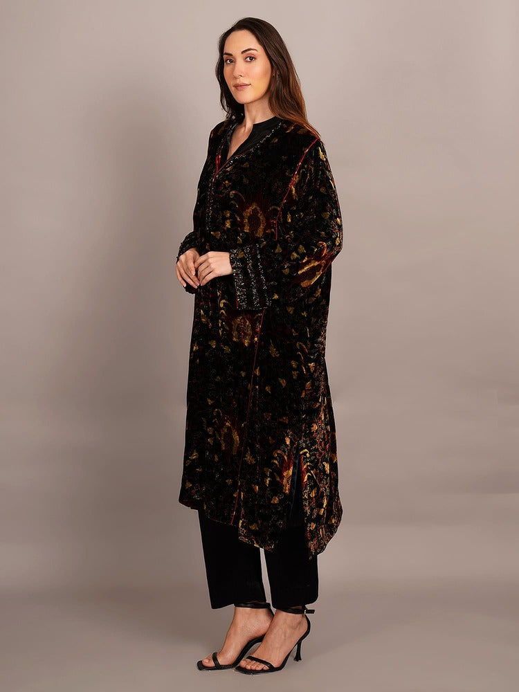 Black Bagru Velvet Embroidered Kurta