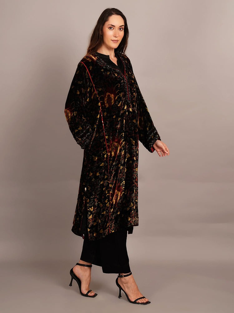 Black Bagru Velvet Embroidered Kurta