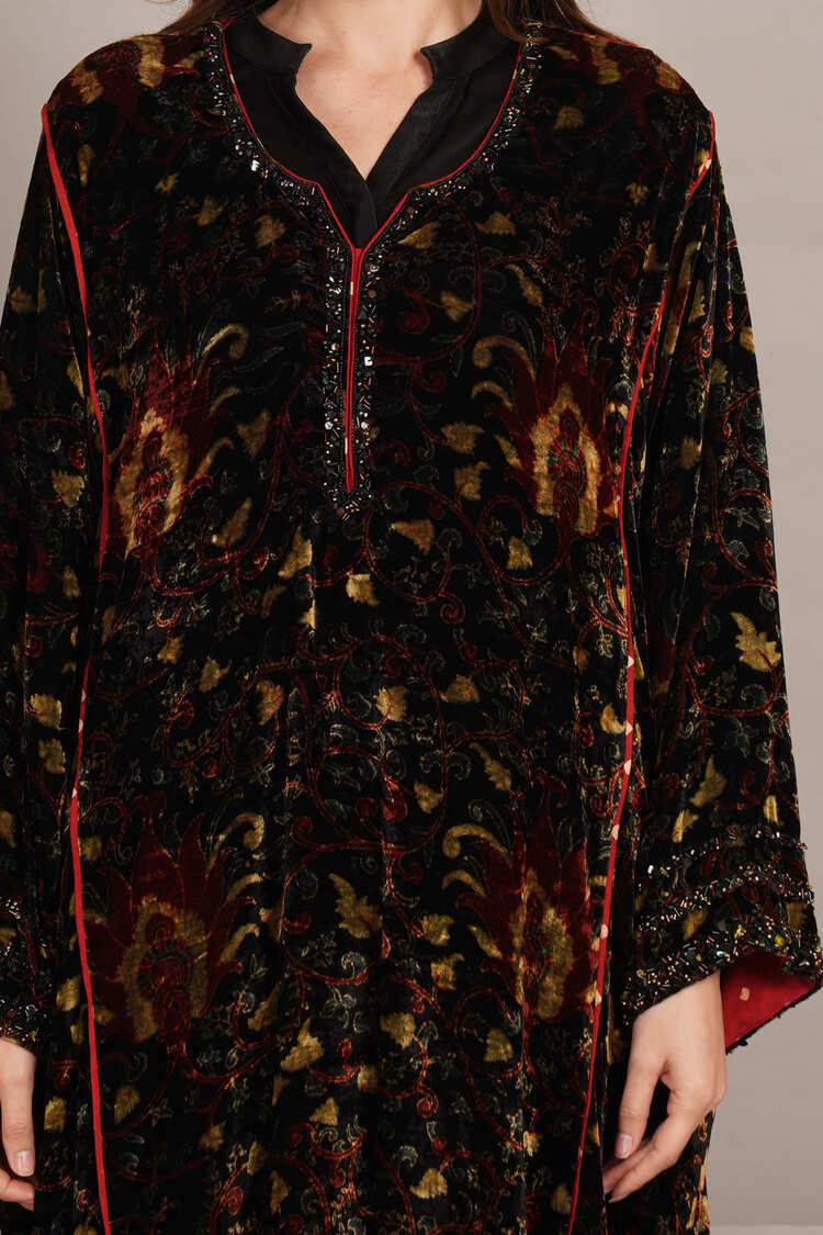 Black Bagru Velvet Embroidered Kurta