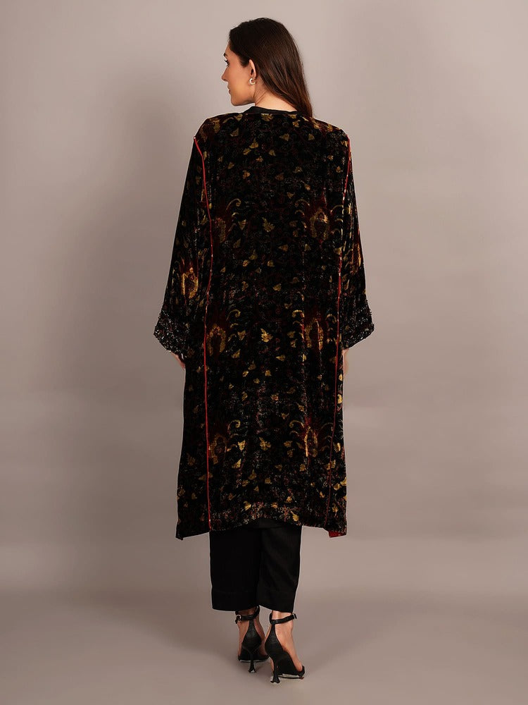 Black Bagru Velvet Embroidered Kurta