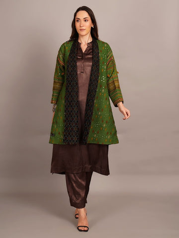 Green Bhujodi Mirror Work & Rawsilk Ikkat Jacket