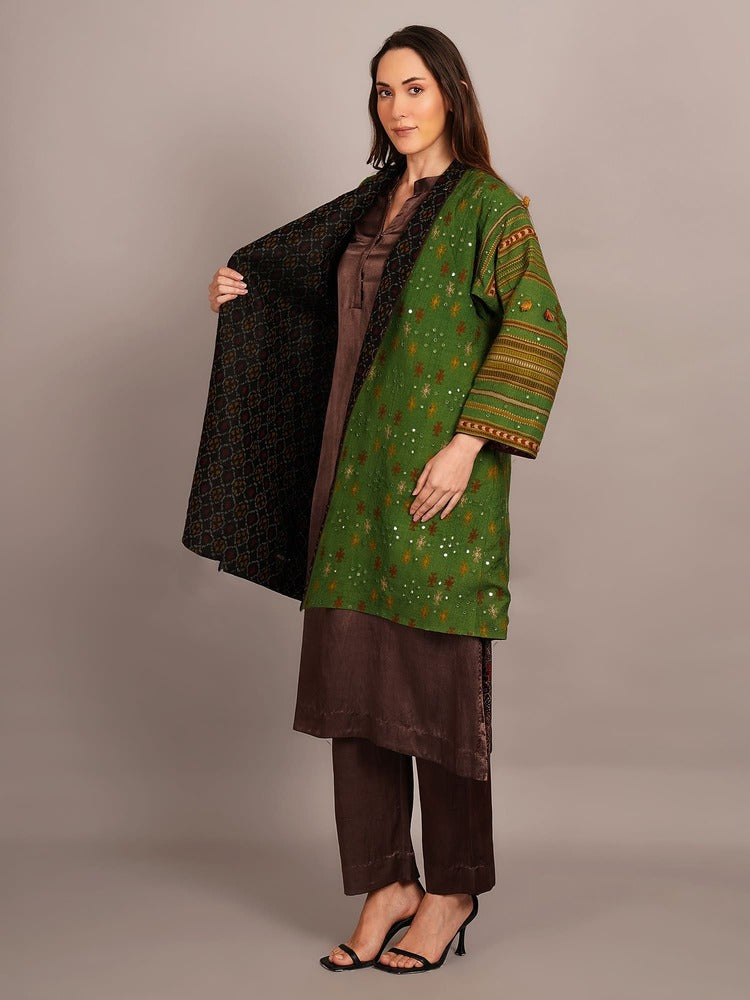 Green Bhujodi Mirror Work & Rawsilk Ikkat Jacket