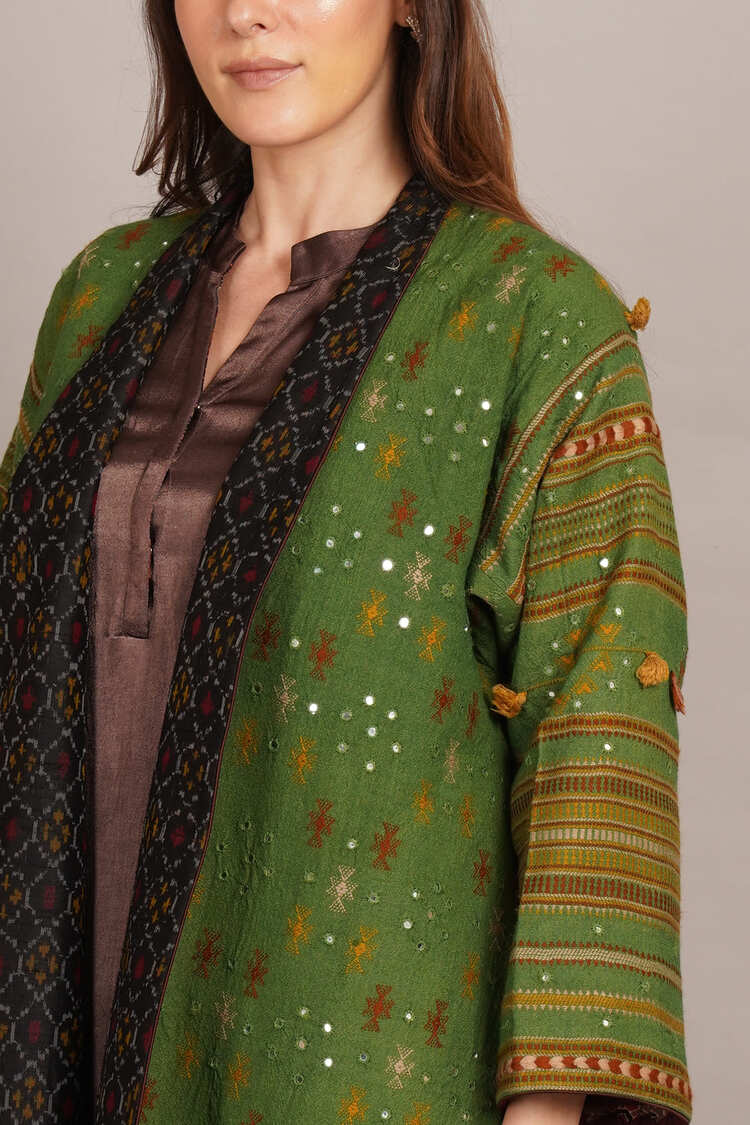 Green Bhujodi Mirror Work & Rawsilk Ikkat Jacket