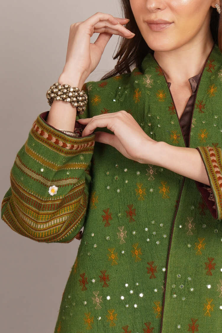 Green Bhujodi Mirror Work & Rawsilk Ikkat Jacket
