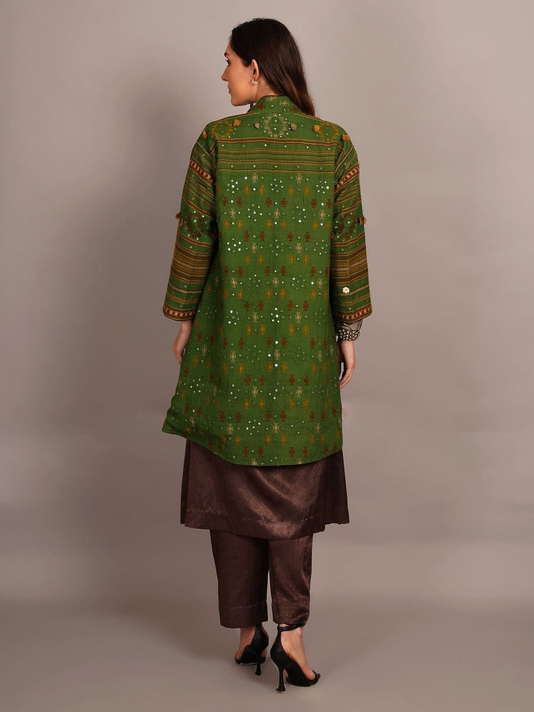 Green Bhujodi Mirror Work & Rawsilk Ikkat Jacket