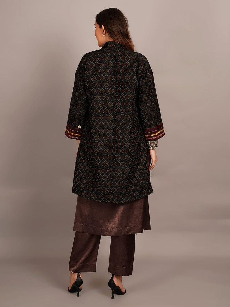 Green Bhujodi Mirror Work & Rawsilk Ikkat Jacket