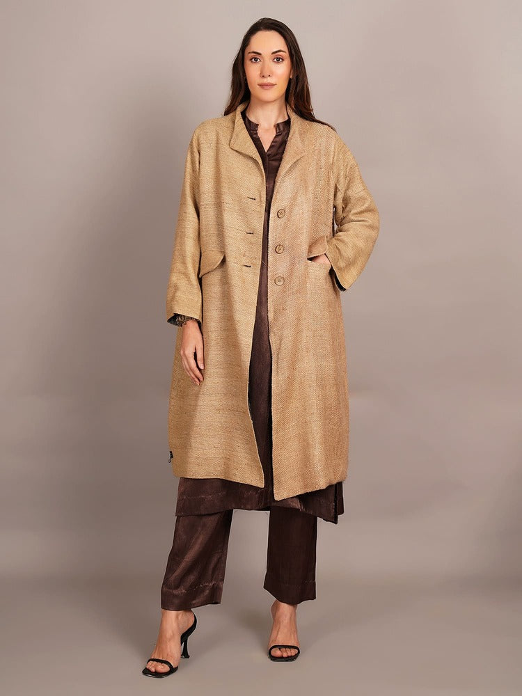 Cream Tussar Long Jacket