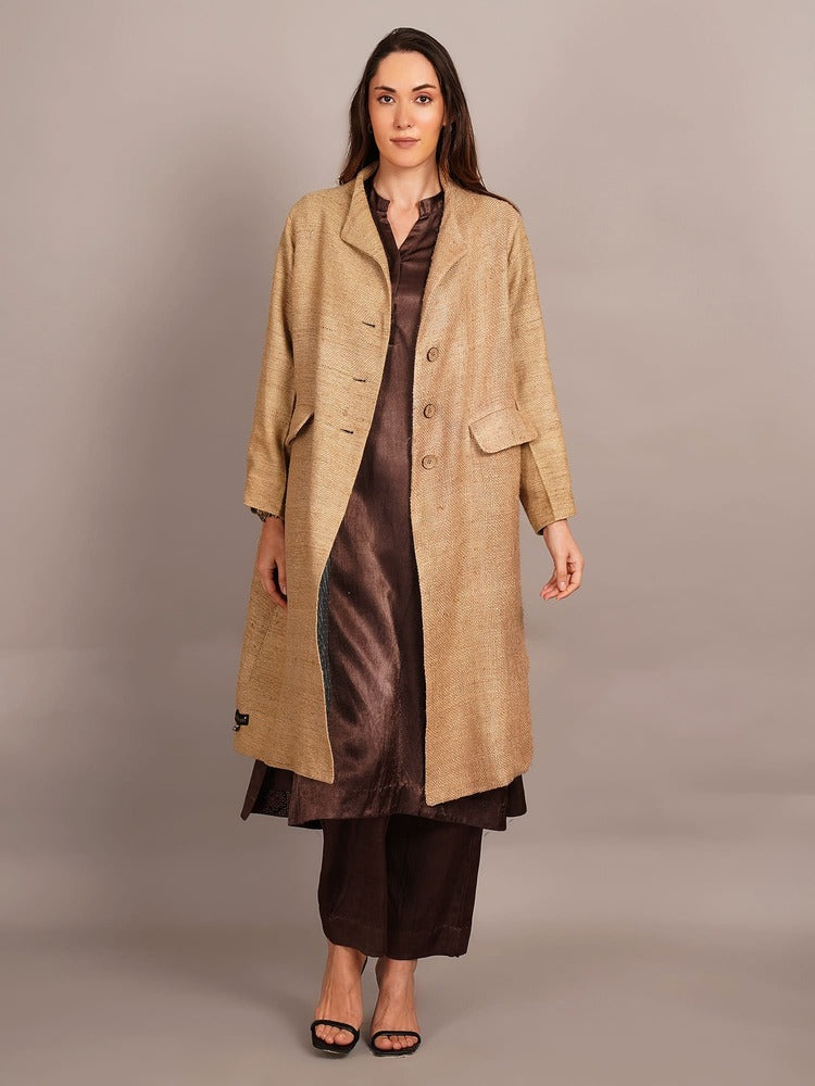 Cream Tussar Long Jacket