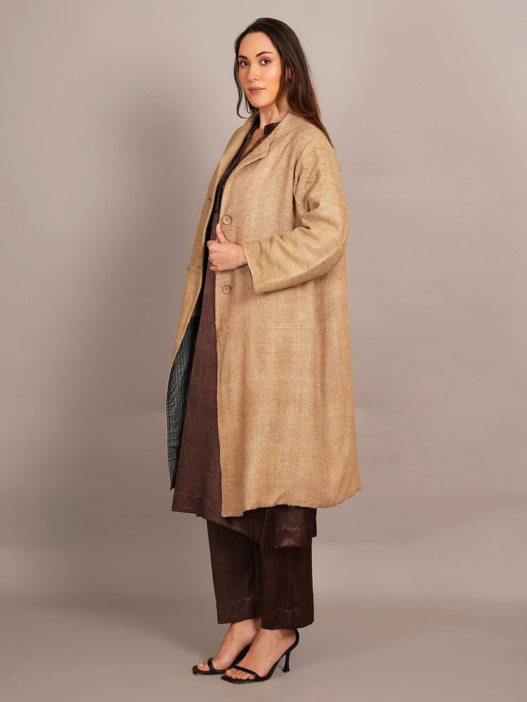 Cream Tussar Long Jacket