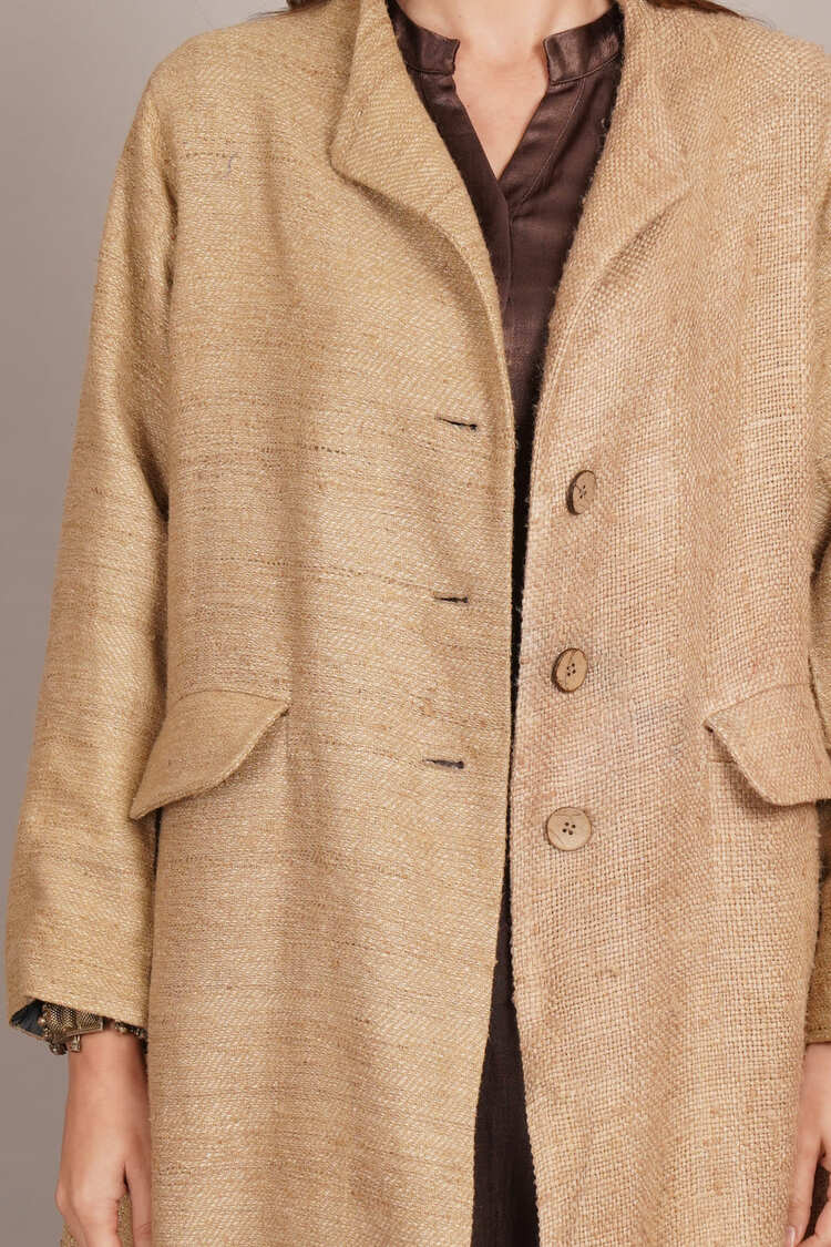 Cream Tussar Long Jacket