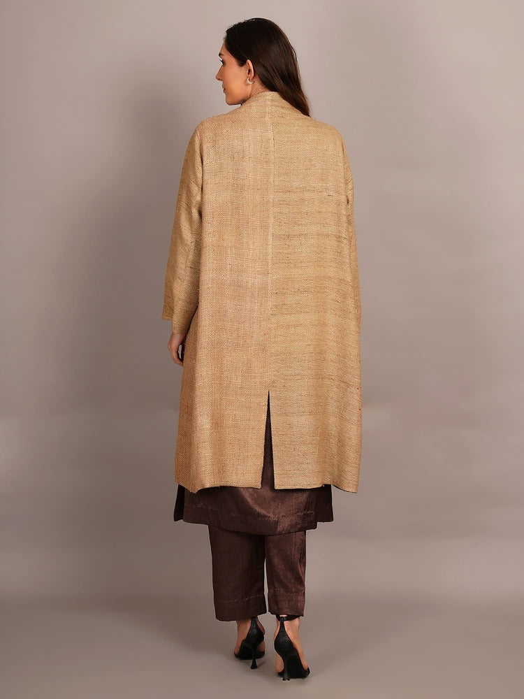 Cream Tussar Long Jacket