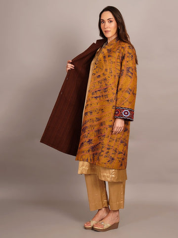 Mustard Yellow Shibori & Woollen Long Jacket